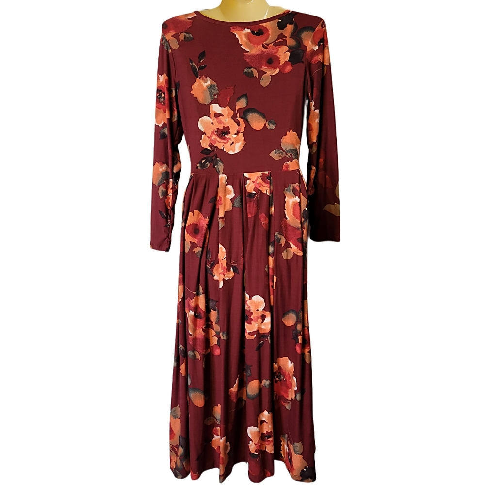 FLORAL BURGUNDY & PEACH PLEATED MIDI DRESS - Picture 7 of 9